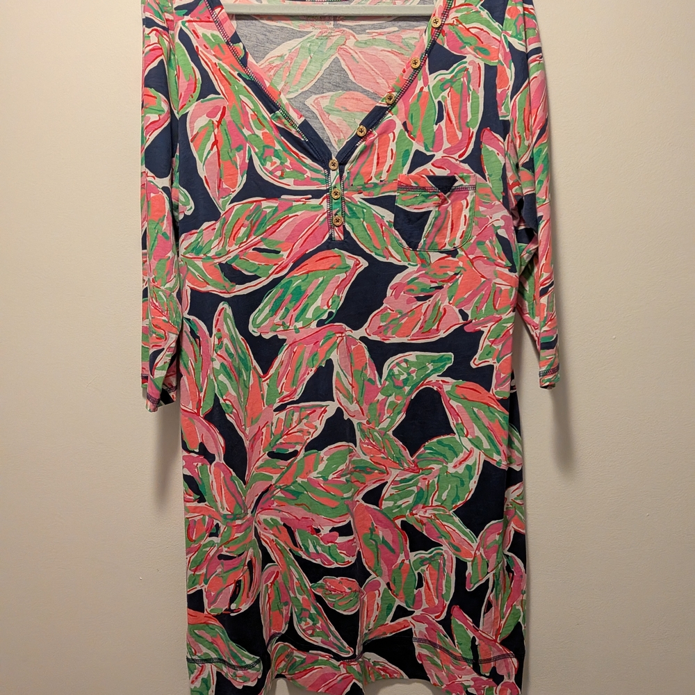 Lilly Pulitzer Leaf Print Long Sleeve Dress - Pink, Green, Navy XL Casual Preppy